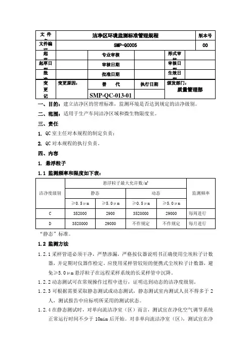 洁净区环境监测标准管理规程