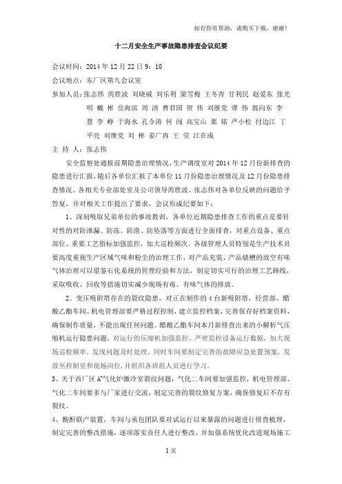 十二月安全生产事故隐患排查会议纪要