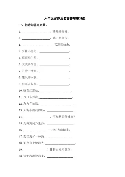 部编版六年级语文下册古诗及名言警句练习题