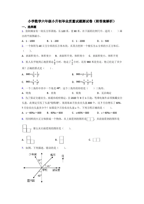 小学数学六年级小升初毕业质量试题测试卷(附答案解析)