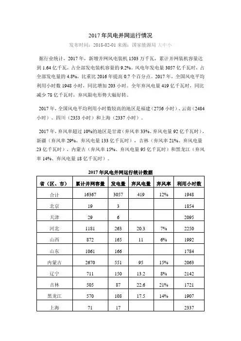 2017年风电并网运行情况