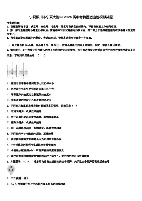宁夏银川市宁夏大附中2024届中考物理适应性模拟试题含解析