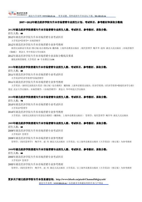 2007--2012年湖北经济学院专升本市场营销专业招生计划、考试科目、参考教材和录取分数线
