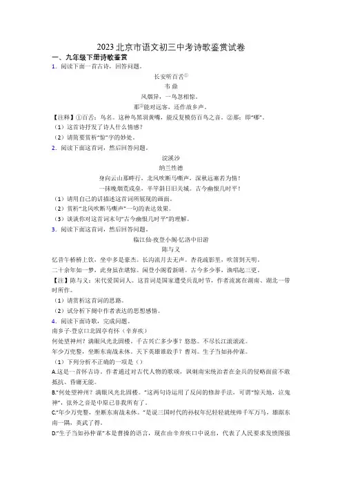 2023北京市语文初三中考诗歌鉴赏试卷