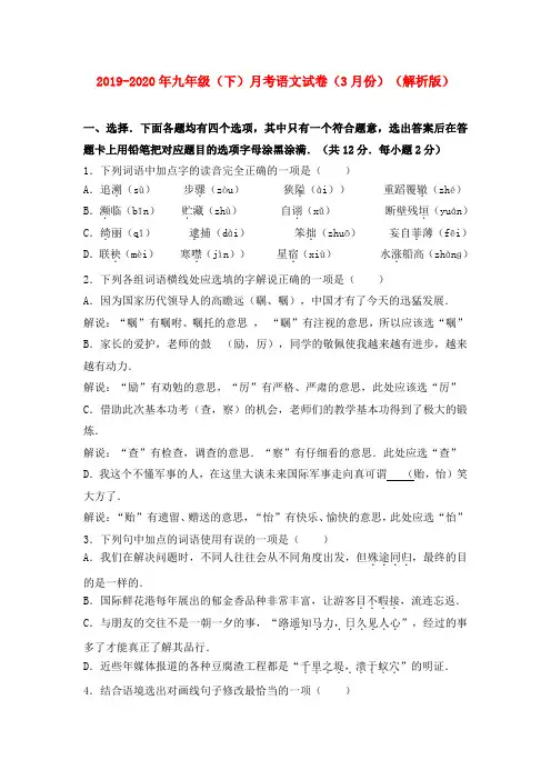 2019-2020年九年级(下)月考语文试卷(3月份)(解析版)