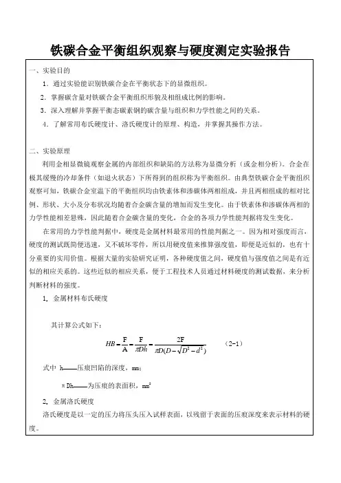 铁碳合金平衡组织观察与硬度测定实验报告