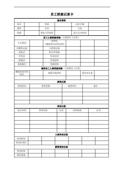 公司员工档案记录卡模版
