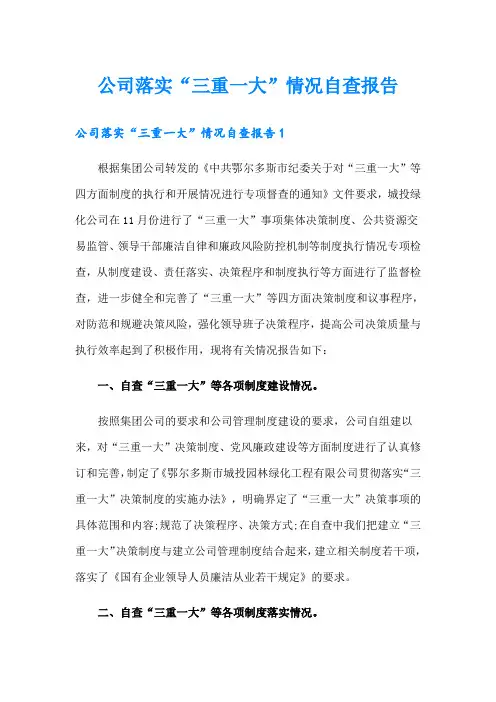 公司落实“三重一大”情况自查报告