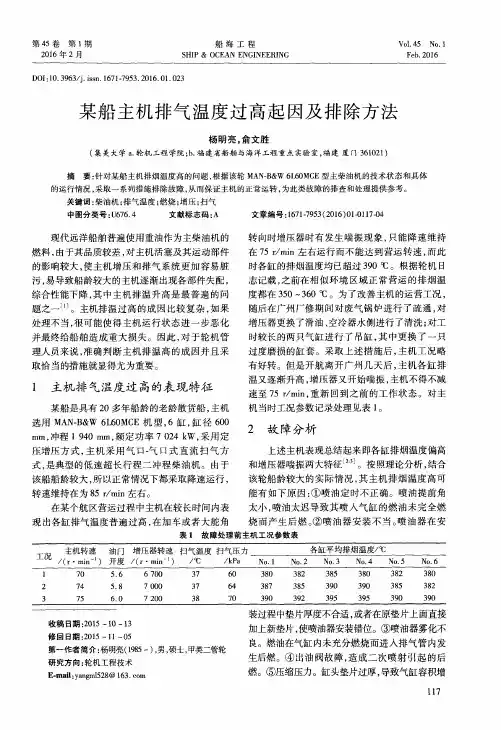 某船主机排气温度过高起因及排除方法