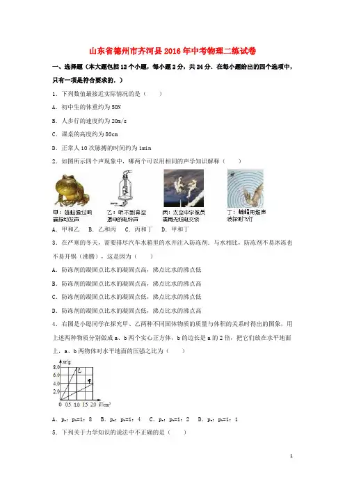 山东省德州市齐河县2016年中考物理二练试卷(含解析)