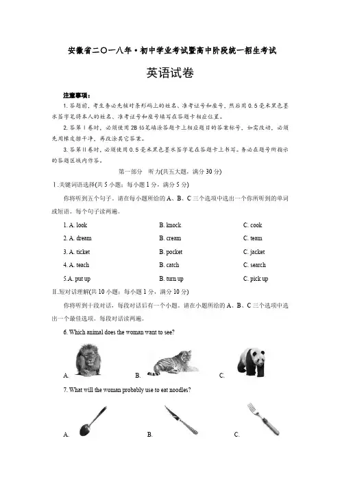 2018年安徽省中考英语真题及参考答案