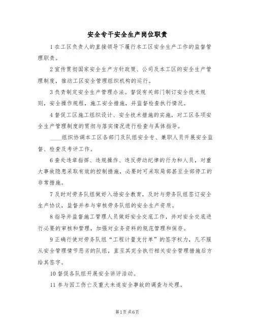 安全专干安全生产岗位职责(5篇)