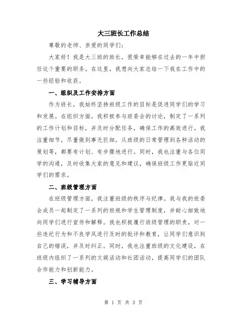 大三班长工作总结