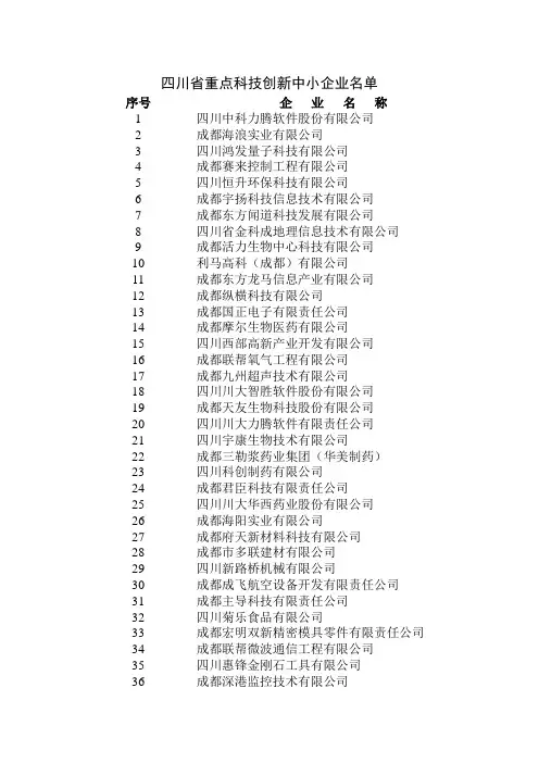 四川省重点科技创新中小企业名单