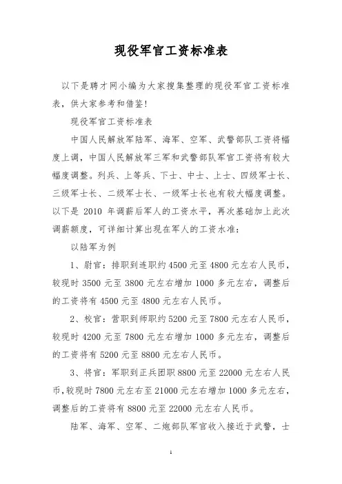 现役军官工资标准表