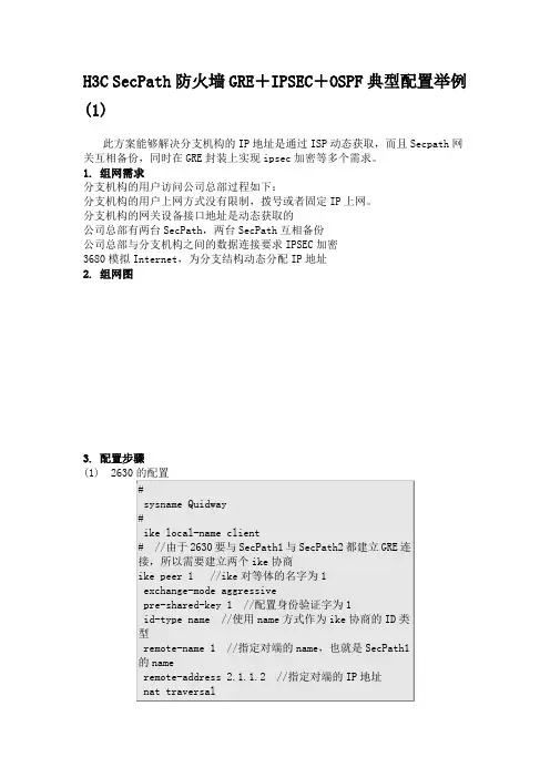 H3C SecPath防火墙GRE+IPSEC+OSPF典型配置举例