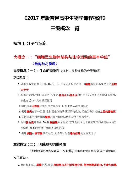 《2017版普通高中生物学课程标准》三级概念一览—模块1