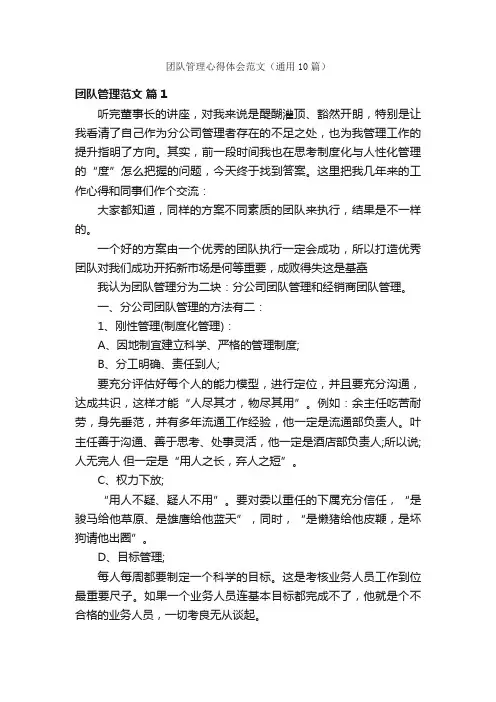 团队管理心得体会范文（通用10篇）