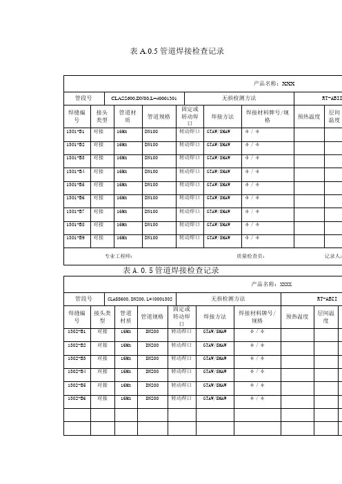 表管道焊接检查记录