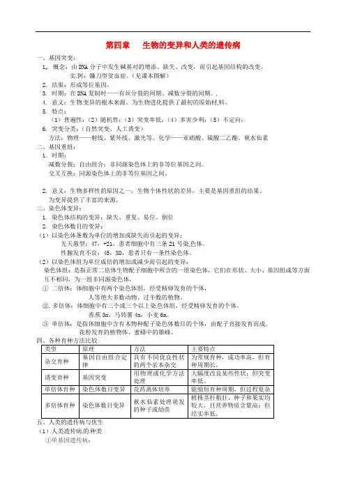 北京市房山区中学高中生物会考复习 第四章 生物的变异和人类的遗传病 新人教版必修2
