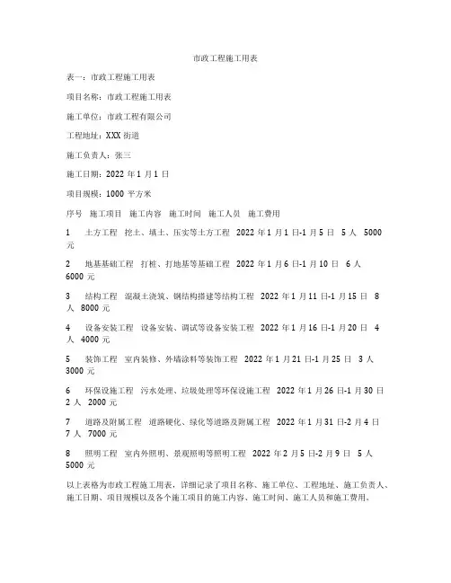 市政工程施工用表