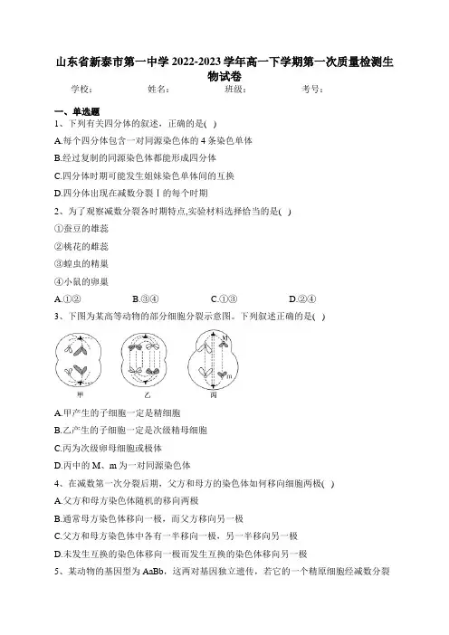 山东省新泰市第一中学2022-2023学年高一下学期第一次质量检测生物试卷(含答案)