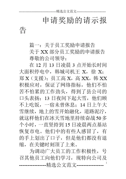 申请奖励的请示报告