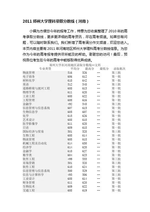 2011郑州大学理科录取分数线（河南）