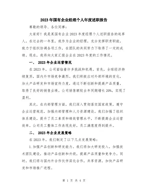 2023年国有企业经理个人年度述职报告