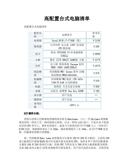 高配置台式电脑清单