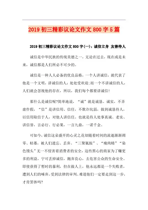 初三精彩议论文作文800字5篇