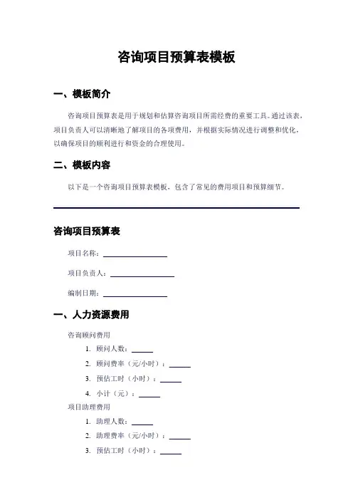 咨询项目预算表模板