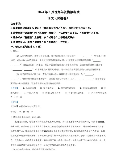 2024年安徽省宿州市砀山县中考一模语文试题(解析版)