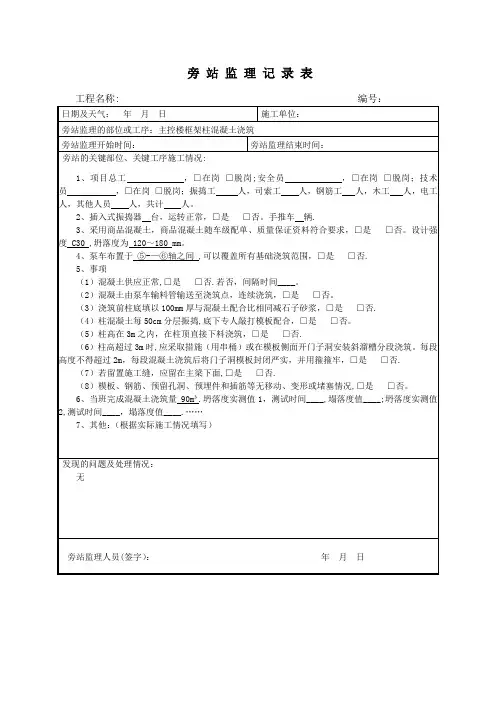 主控楼框架柱混凝土浇筑监理旁站记录