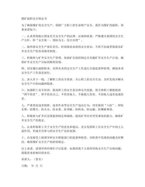 煤矿副职安全保证书