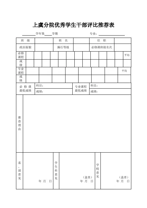上虞分院优秀学生干部评比推荐表