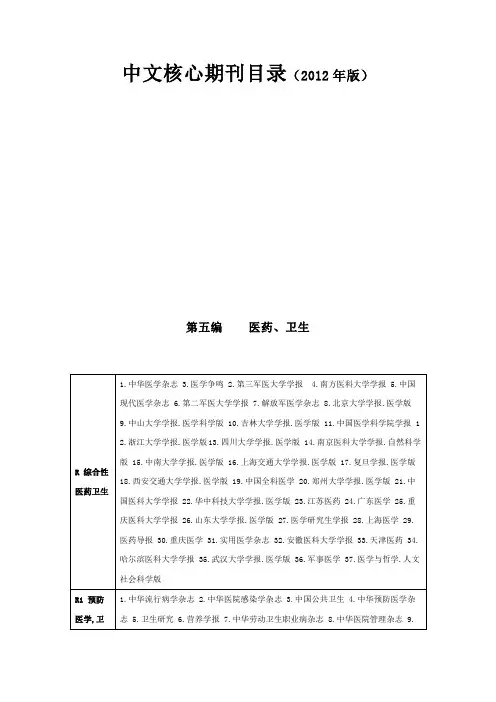北大版中文核心期刊目录(2012版)