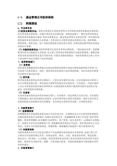 基金公司组织架构以及部门职能