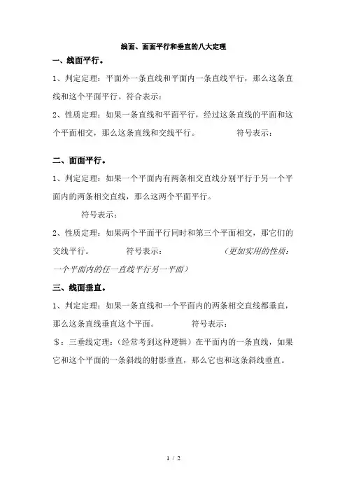 线面面面平行和垂直的八大定理