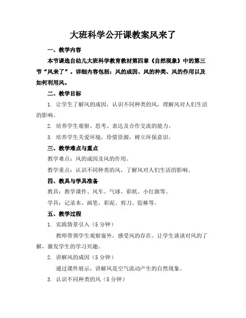大班科学公开课教案风来了