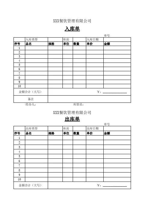 餐厅出入库单 营业收入日报表