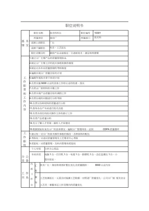 烧结厂技术科科长岗位说明书