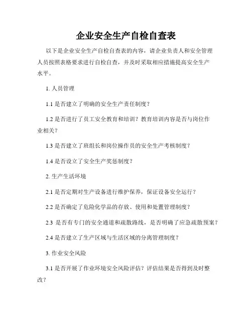 企业安全生产自检自查表