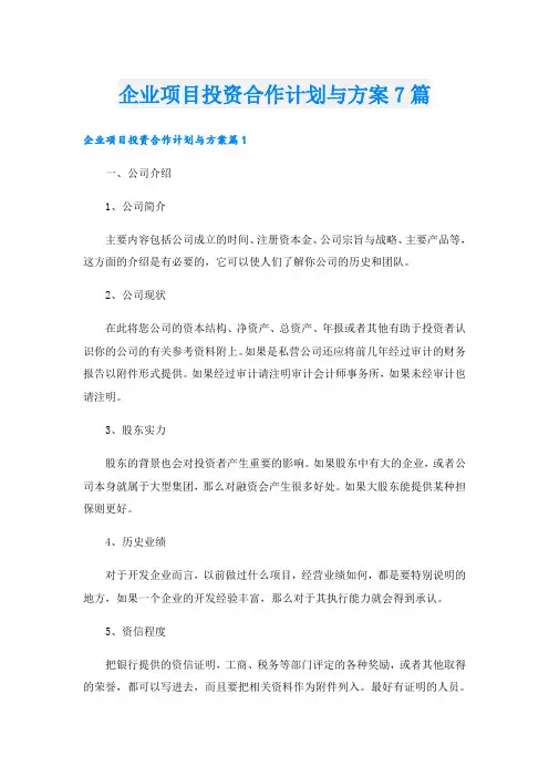 企业项目投资合作计划与方案7篇