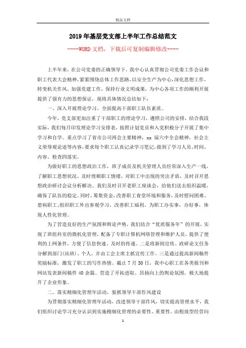 2019年基层党支部上半年工作总结范文
