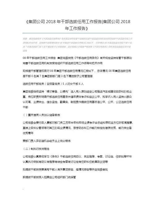 集团公司2018年干部选拔任用工作报告集团公司2018年工作报告