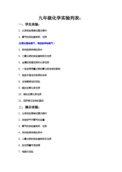 九年级化学实验列表