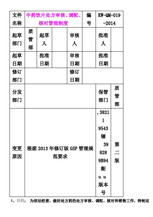 中药饮片处方审核、调配、核对管理制度