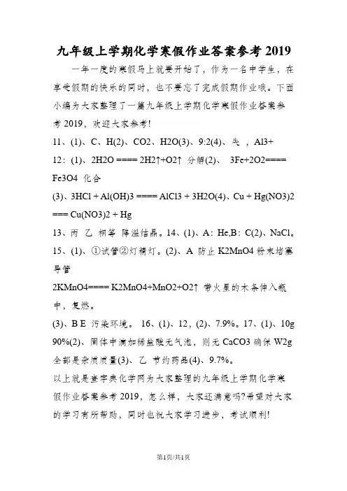 九年级上学期化学寒假作业答案参考