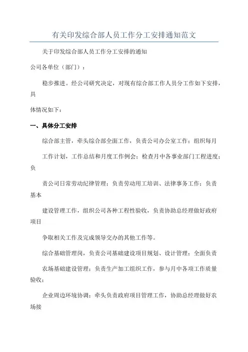 有关印发综合部人员工作分工安排通知范文